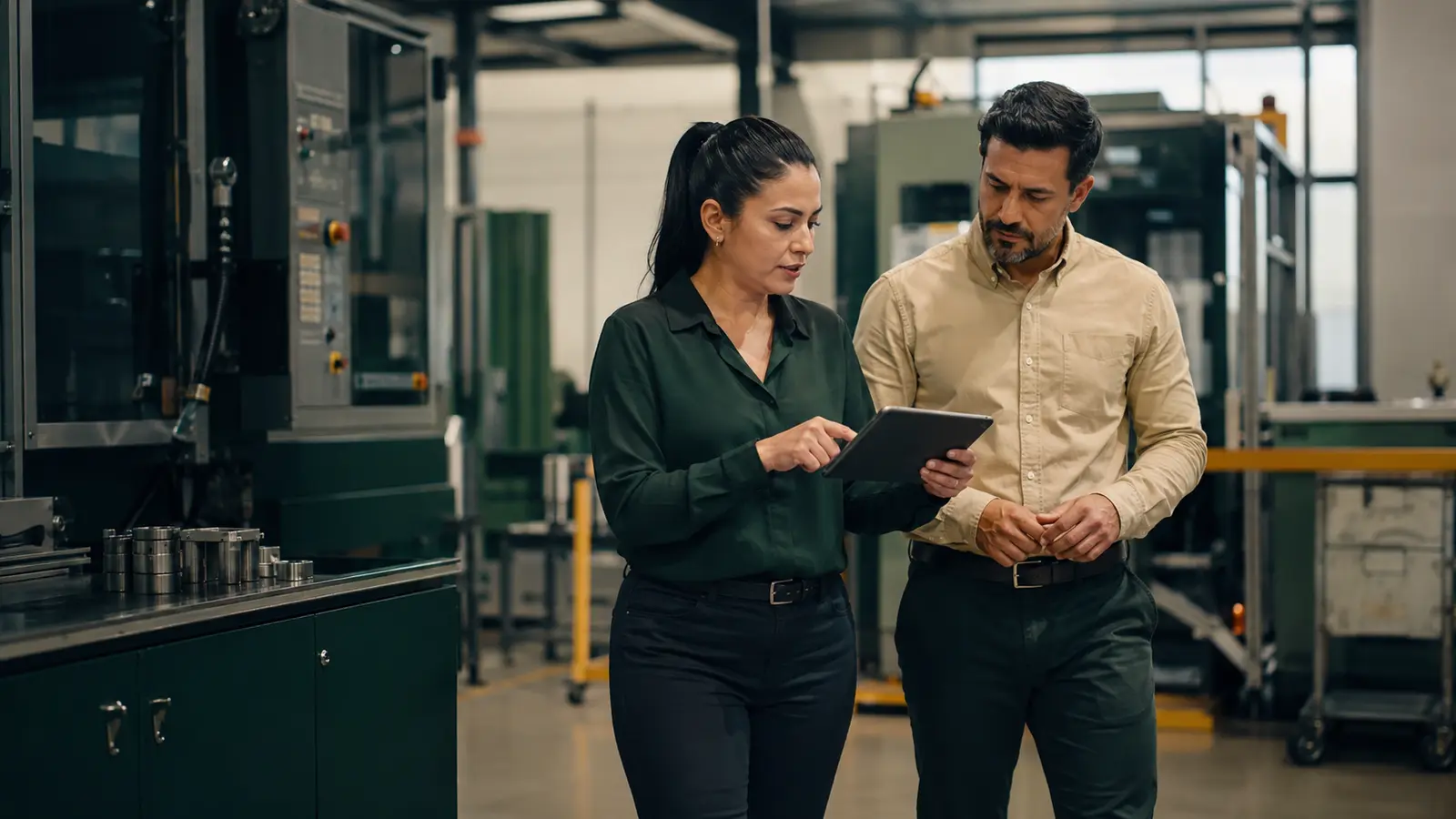 Especialistas revisando estándares de calidad en una planta industrial