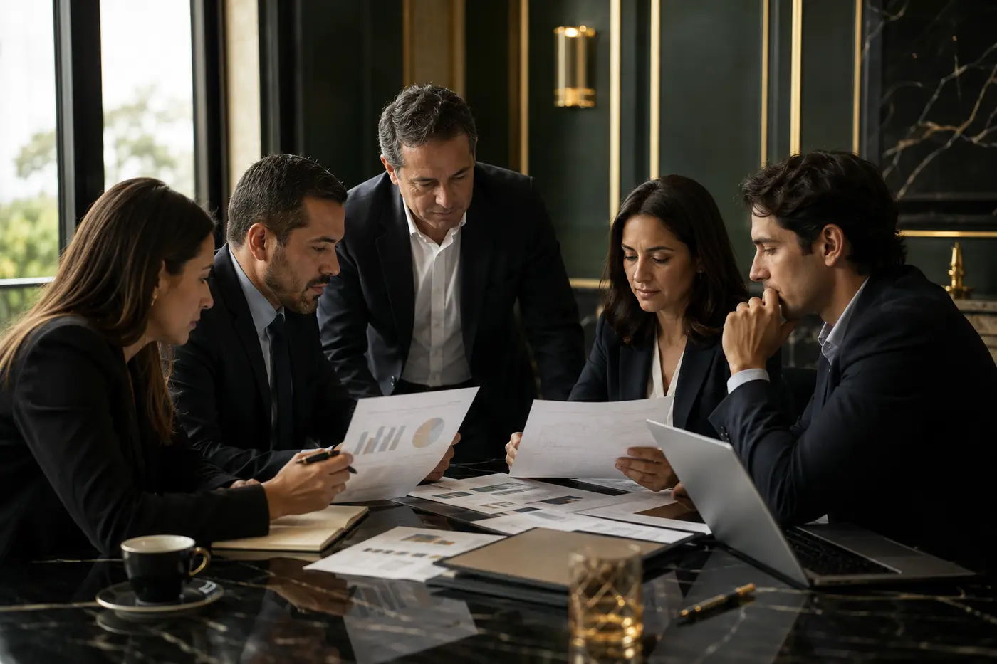 Especialistas analizando documentos y proyecciones para una decisión empresarial